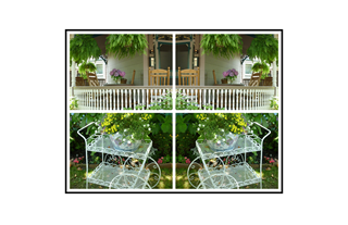 Symmetric Cape May Wrap around Country Porch and Wire Framed Flower Cart Collage
