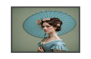 Victorian woman holding light blue parasol