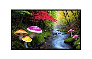 colorful mushrooms by silky flowing stream