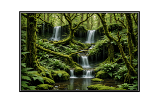 enchanted forest with waterfall