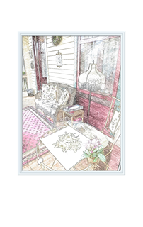 Porch with wicker couch, lamp & table