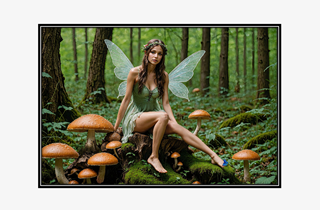 fairy sitting with mushrooms and blue butterfly on toes