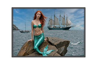sexy mermaid on rock with ships in background