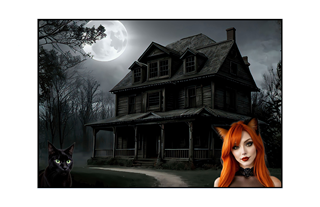 haunted house with green eyed cat and sexy orange haired feline