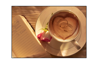 Latte wedding bands in design heart with red rose near cup