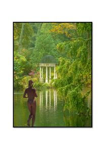 woman in thong by lake with gazebo